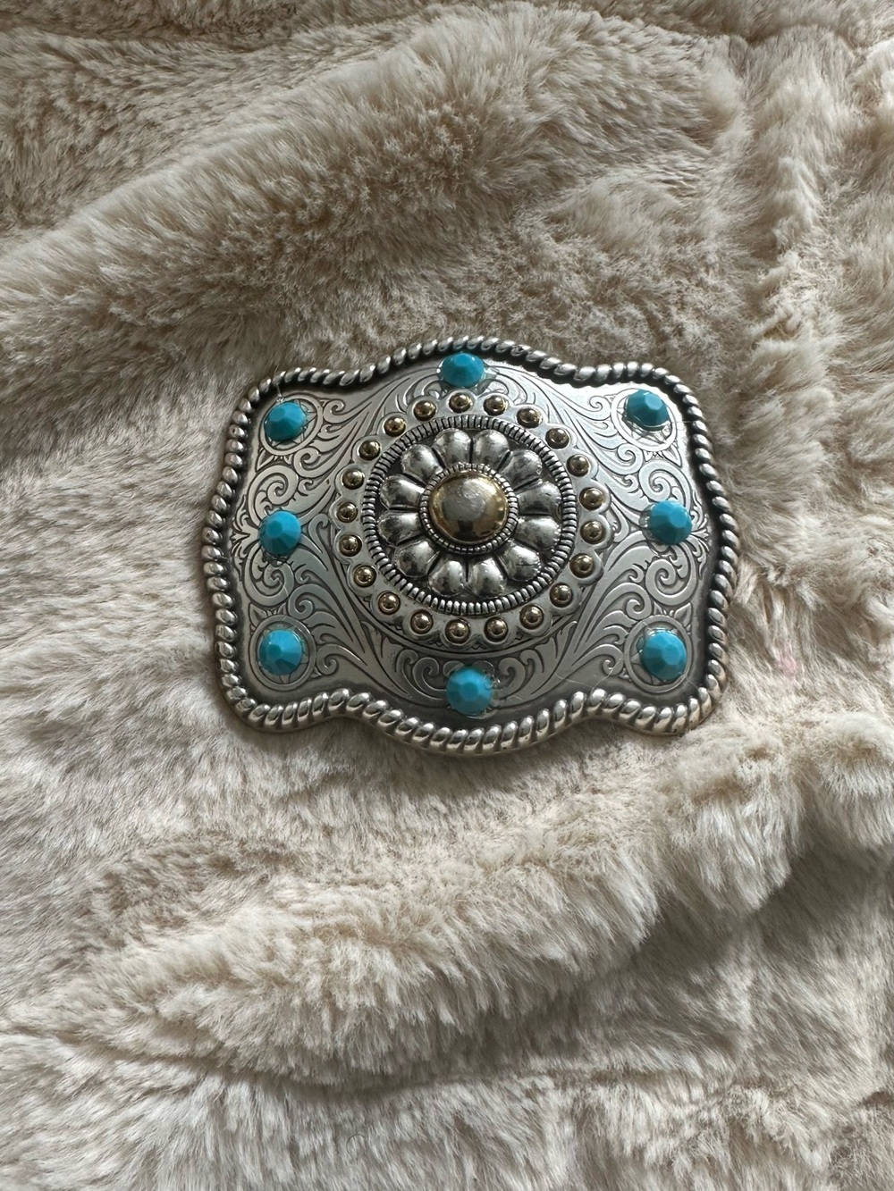 Western Turquoise Concho Belt Buckle - Floral Metal Design